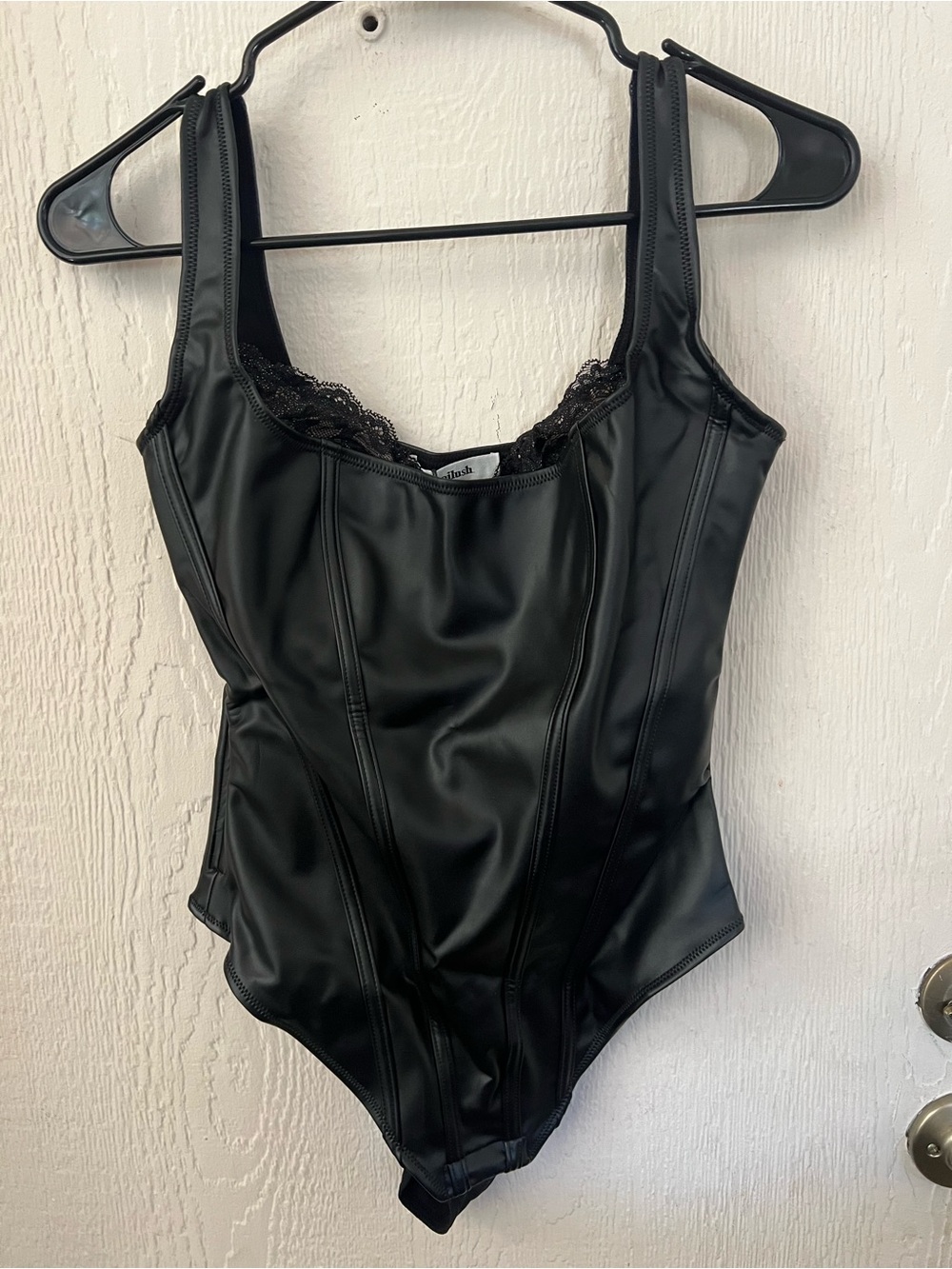 Popilush Faux Leather Gold Lace-Trim Bodysuit
